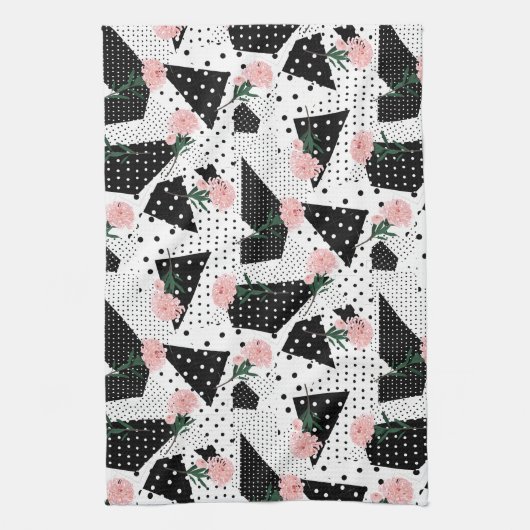 Moderne Abstracte Stippen en roze bloemen Theedoek (Verticaal)