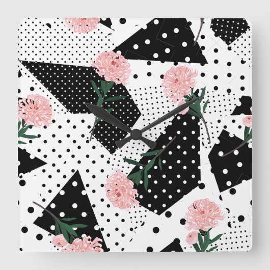 Moderne Abstracte Stippen en roze bloemen Vierkante Klok (Voorkant)
