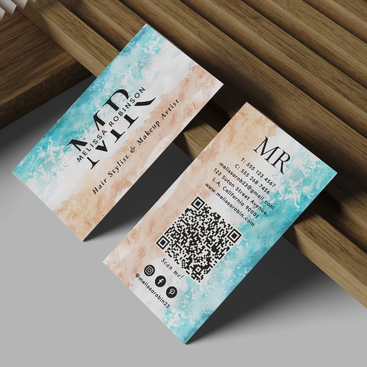 Moderne Abstracte Strand Aquarel Monogram QR Code Visitekaartje