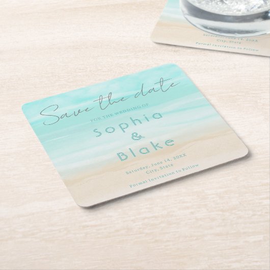 Moderne Abstracte Strand Bruiloft Save the Date Kartonnen Onderzetters (Schuin)