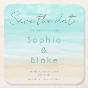 Moderne Abstracte Strand Bruiloft Save the Date Kartonnen Onderzetters
