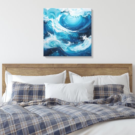 Moderne Abstracte Swirl in de kleur Ocean Blue Wav Canvas Afdruk (Insitu (Slaapkamer))