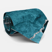 Moderne Abstracte Teal Blauwe Agate Formele Zilver Stropdas (Opgerold)