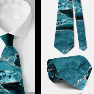 Moderne Abstracte Teal Blauwe Agate Formele Zilver Stropdas