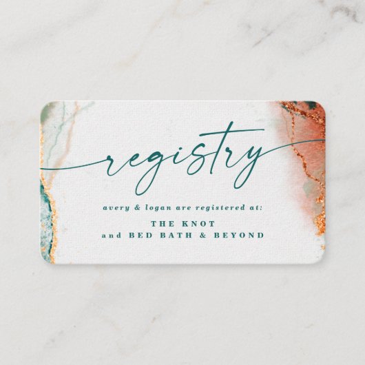 Moderne Abstracte Teal & Koperen Huwelijkslijst Informatiekaartje (Voorkant)