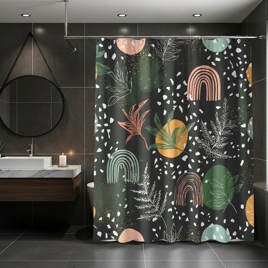 Moderne Abstracte Terrazzo & Botanische Collage Douchegordijn