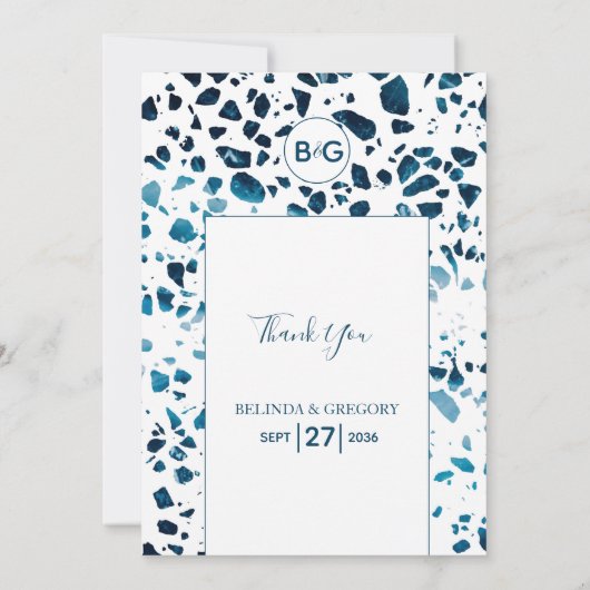 Moderne Abstracte terrazzo mosaic Blue Wedding Bedankkaart (Achterkant)