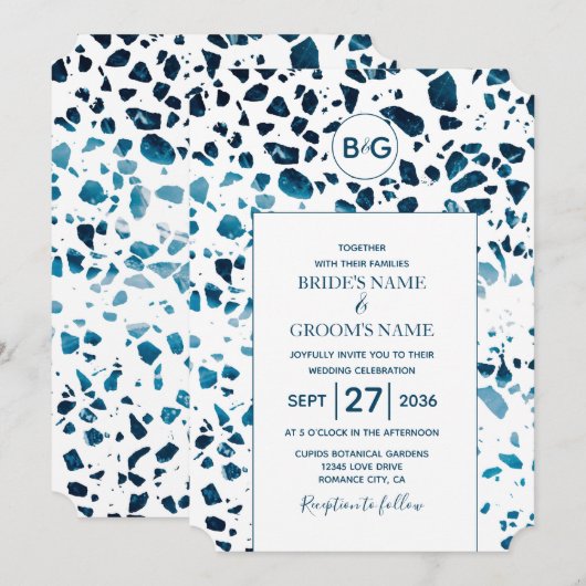 Moderne Abstracte terrazzo mosaic Blue Wedding Kaart (Voorkant / Achterkant)