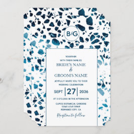 Moderne Abstracte terrazzo mosaic Blue Wedding Kaart
