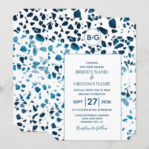 Moderne Abstracte terrazzo mosaic Blue Wedding Kaart