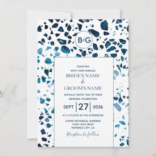 Moderne Abstracte terrazzo mosaic Blue Wedding Kaart (Voorkant)