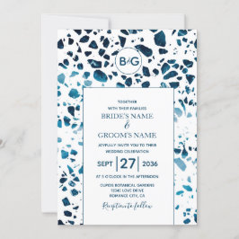 Moderne Abstracte terrazzo mosaic Blue Wedding Kaart