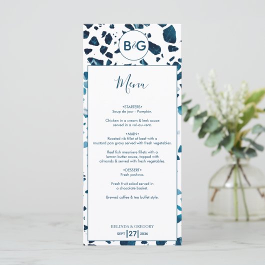Moderne Abstracte terrazzo mosaic Blue Wedding Menu (Staand voorkant)