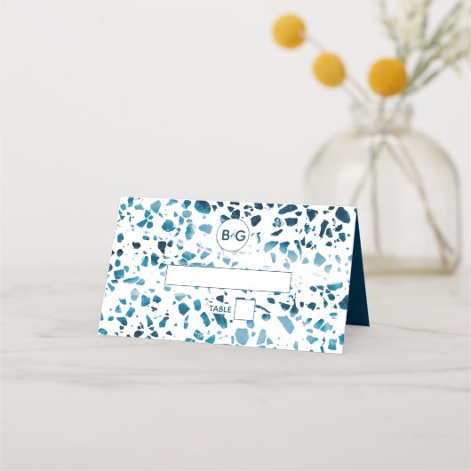 Moderne Abstracte Terrazzo Mosaic Blue Wedding Pla Plaatskaartje (Voorkant)