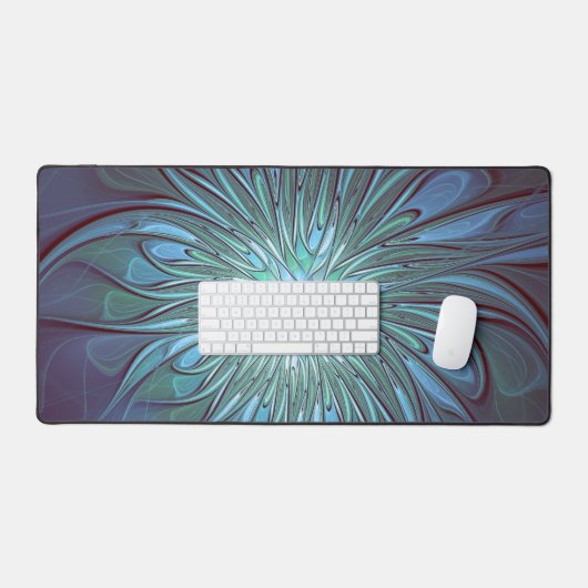 Moderne Abstracte Trendy Blauwe Bloem Fractal Art Bureaumat (Keyboard & Muis)