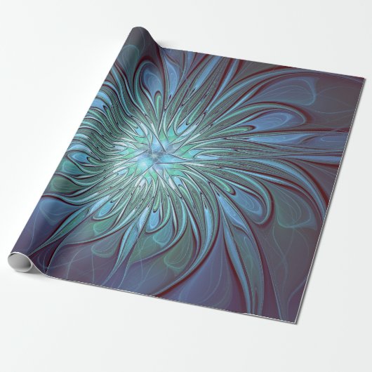 Moderne Abstracte Trendy Blauwe Bloem Fractal Art Cadeaupapier (Uitgerold)