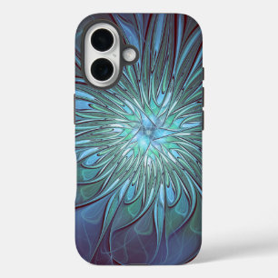 Moderne Abstracte Trendy Blauwe Bloem Fractal Art iPhone 16 Hoesje