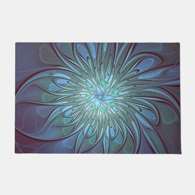 Moderne Abstracte Trendy Blauwe Bloem Fractal Art Deurmat (Voorkant)