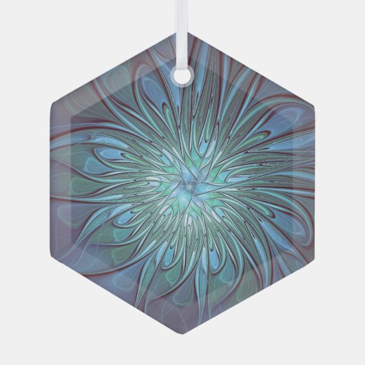 Moderne Abstracte Trendy Blauwe Bloem Fractal Art Glas Ornament (Voorkant)