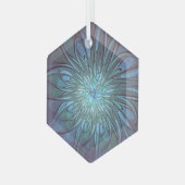Moderne Abstracte Trendy Blauwe Bloem Fractal Art Glas Ornament (Voorkant links)