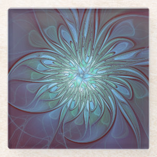 Moderne Abstracte Trendy Blauwe Bloem Fractal Art Glazen Onderzetter