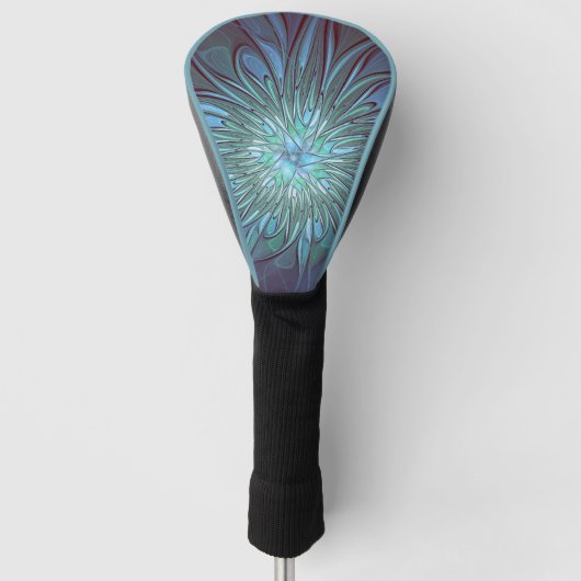 Moderne Abstracte Trendy Blauwe Bloem Fractal Art Golfheadcover (Voorkant)