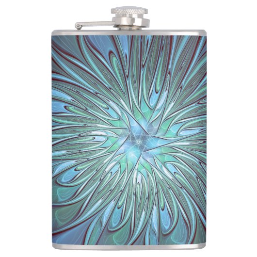 Moderne Abstracte Trendy Blauwe Bloem Fractal Art Heupfles (Voorkant)