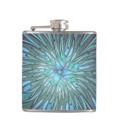 Moderne Abstracte Trendy Blauwe Bloem Fractal Art Heupfles (Voorkant)