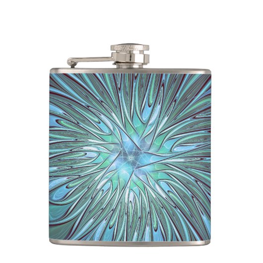 Moderne Abstracte Trendy Blauwe Bloem Fractal Art Heupfles (Voorkant)