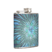 Moderne Abstracte Trendy Blauwe Bloem Fractal Art Heupfles (Rechts)