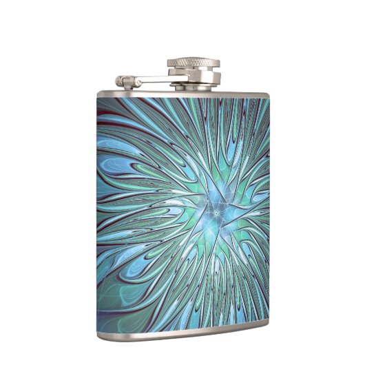 Moderne Abstracte Trendy Blauwe Bloem Fractal Art Heupfles (Rechts)