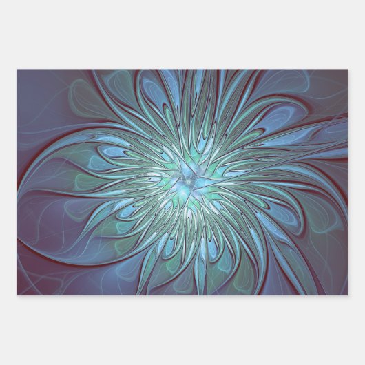 Moderne Abstracte Trendy Blauwe Bloem Fractal Art Inpakpapier Vel (Voorkant 2)