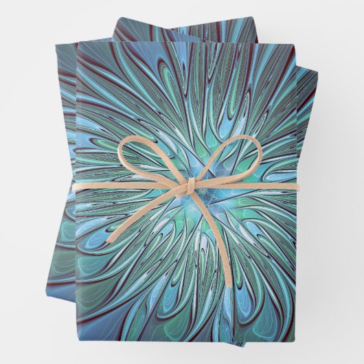 Moderne Abstracte Trendy Blauwe Bloem Fractal Art Inpakpapier Vel (In situ)
