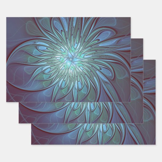 Moderne Abstracte Trendy Blauwe Bloem Fractal Art Inpakpapier Vel (Set)