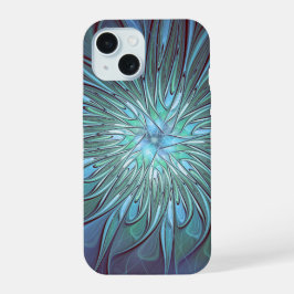 Moderne Abstracte Trendy Blauwe Bloem Fractal Art iPhone 15 Case
