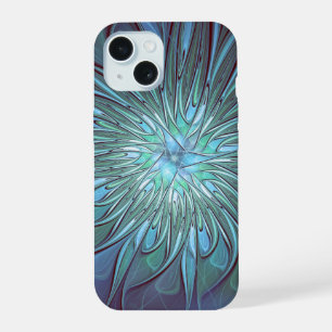 Moderne Abstracte Trendy Blauwe Bloem Fractal Art iPhone 15 Case