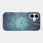 Moderne Abstracte Trendy Blauwe Bloem Fractal Art iPhone 16 Hoesje (Achterkant horizontaal)