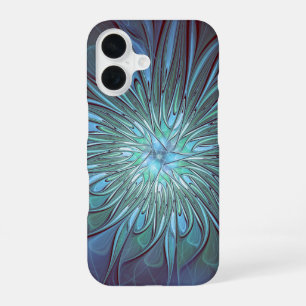 Moderne Abstracte Trendy Blauwe Bloem Fractal Art iPhone 16 Hoesje
