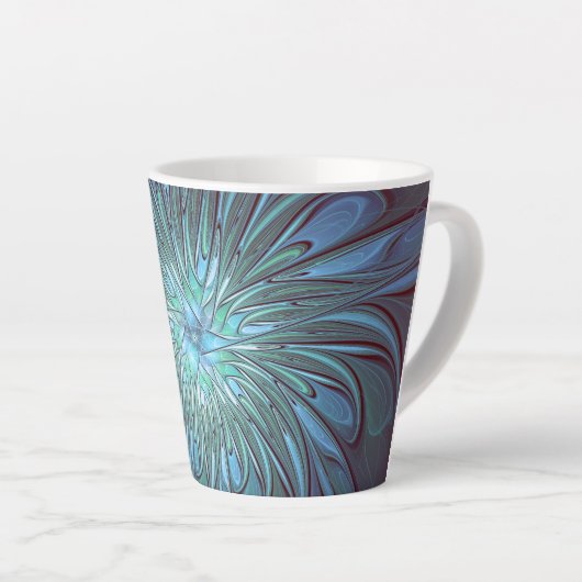 Moderne Abstracte Trendy Blauwe Bloem Fractal Art Latte Mok (Rechterhoek)
