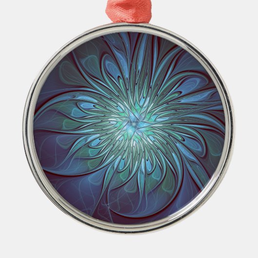 Moderne Abstracte Trendy Blauwe Bloem Fractal Art Metalen Ornament (Voorkant)