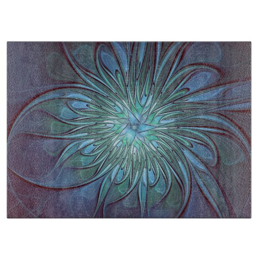 Moderne Abstracte Trendy Blauwe Bloem Fractal Art Snijplank (Voorkant)