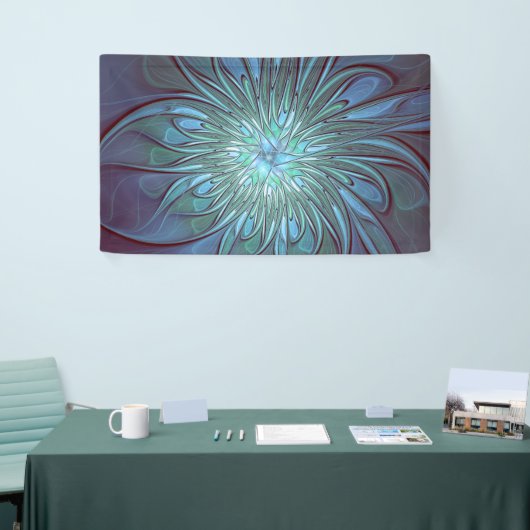 Moderne Abstracte Trendy Blauwe Bloem Fractal Art Spandoek (Beurs)