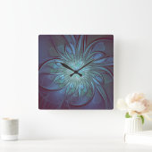 Moderne Abstracte Trendy Blauwe Bloem Fractal Art Vierkante Klok (Huis)