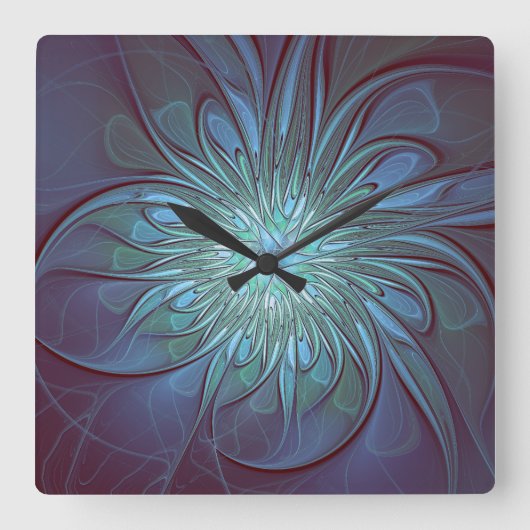 Moderne Abstracte Trendy Blauwe Bloem Fractal Art Vierkante Klok (Voorkant)
