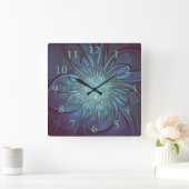 Moderne Abstracte Trendy Blauwe Bloem Fractal Art Vierkante Klok (Huis)