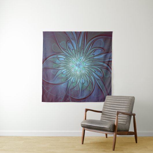 Moderne Abstracte Trendy Blauwe Bloem Fractal Art Wandkleed (In situ)
