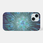 Moderne Abstracte Trendy Blauwe Bloem Fractale Kun iPhone 15 Case (Achterkant horizontaal)