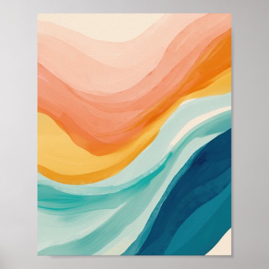 Moderne Abstracte Trendy Roze Geel Blauwe Golven Poster (Voorkant)