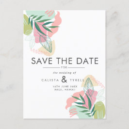 Moderne Abstracte tropische roze en groene bruilof Aankondigingskaart