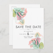 Moderne Abstracte tropische roze en groene bruilof Aankondigingskaart (Voorkant / Achterkant)